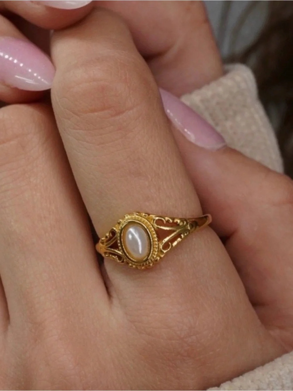 Gold Pearl Oval Filigree Ring - Women Jewelry